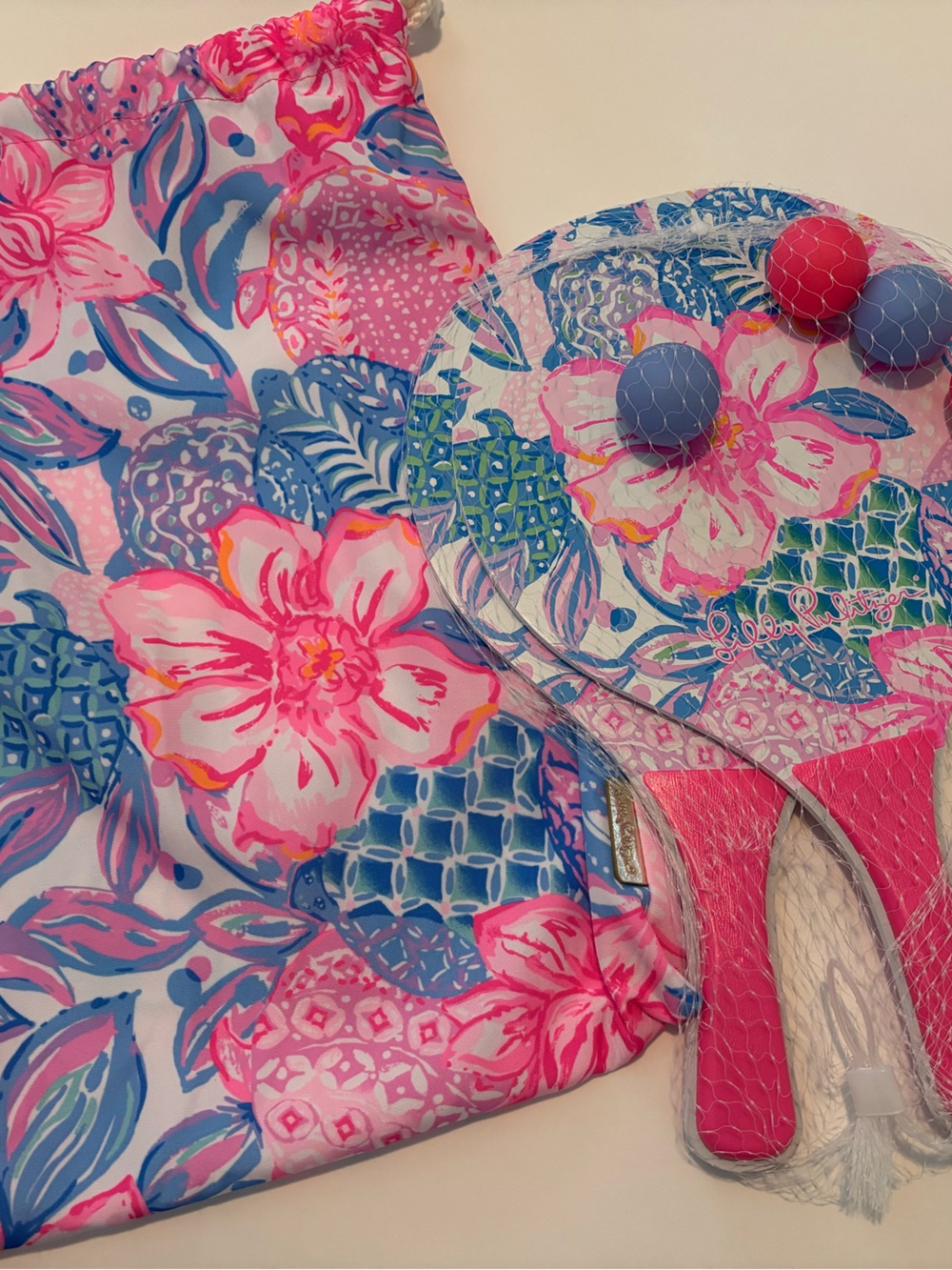 Lilly Pulitzer Pink Blue Floral Paddle Ball Set Brand New